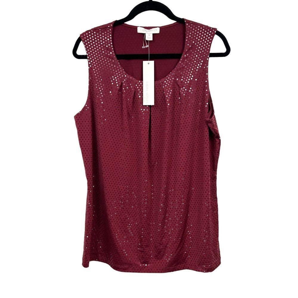 Laura Ashley Womens Tank Top City Lights Sequin Stretch Pleated Burgundy Sz 1X*